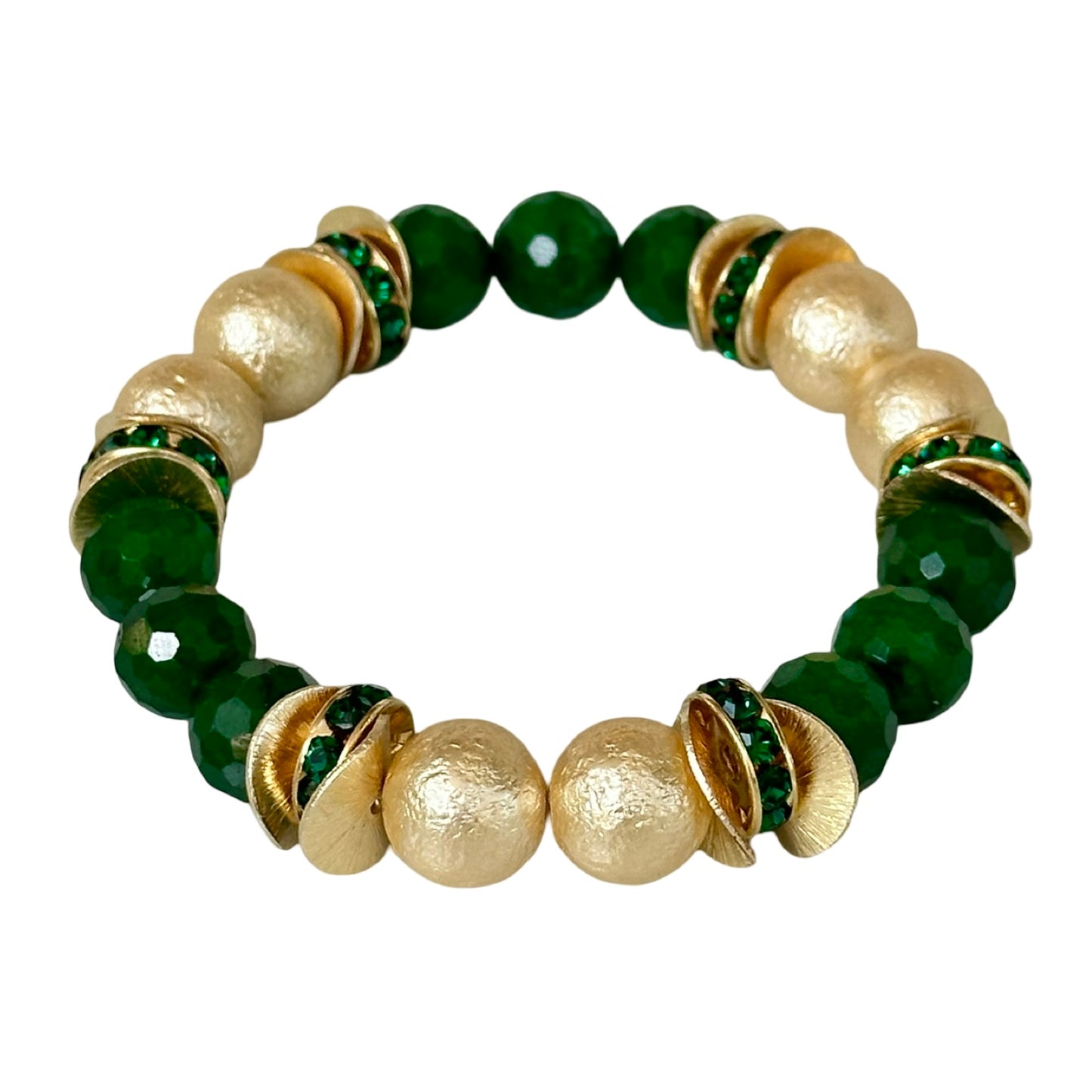 GREEN FACETED QUARTZ GEMSTONE BANGLE WITH GOLD SHELL PEARL AND WAVY DISC ACCENTS