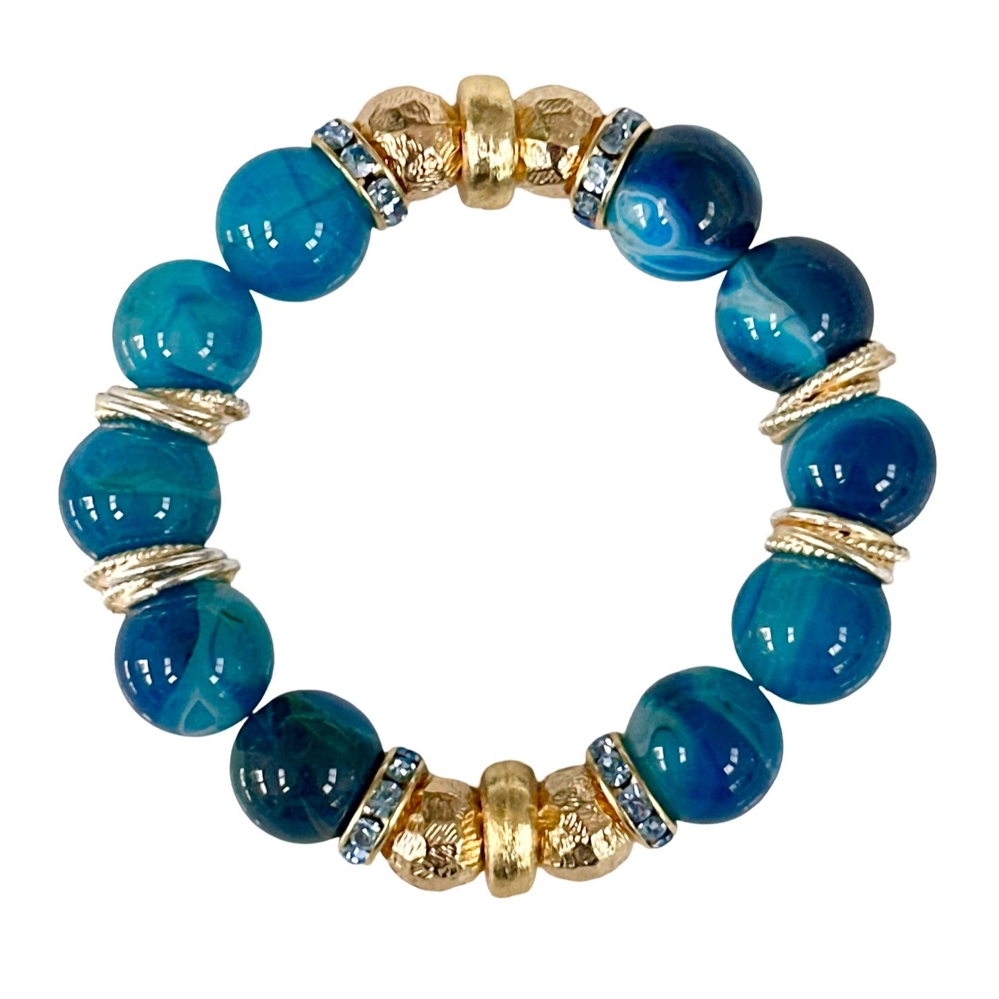 BLUE AGATE GEMSTONE BANGLE WITH GOLD AND CRYSTAL ACCENTS