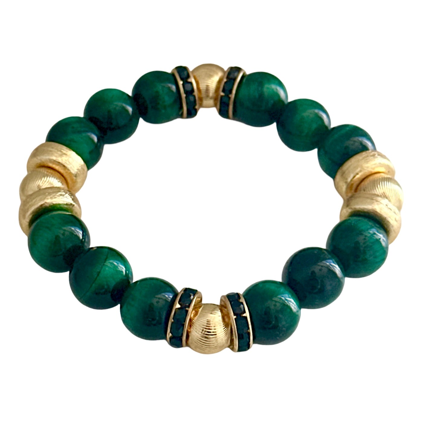 GREEN AND BLACK AGATE GEMSTONE BANGLE WITH GOLD AND CRYSTAL ACCENTS
