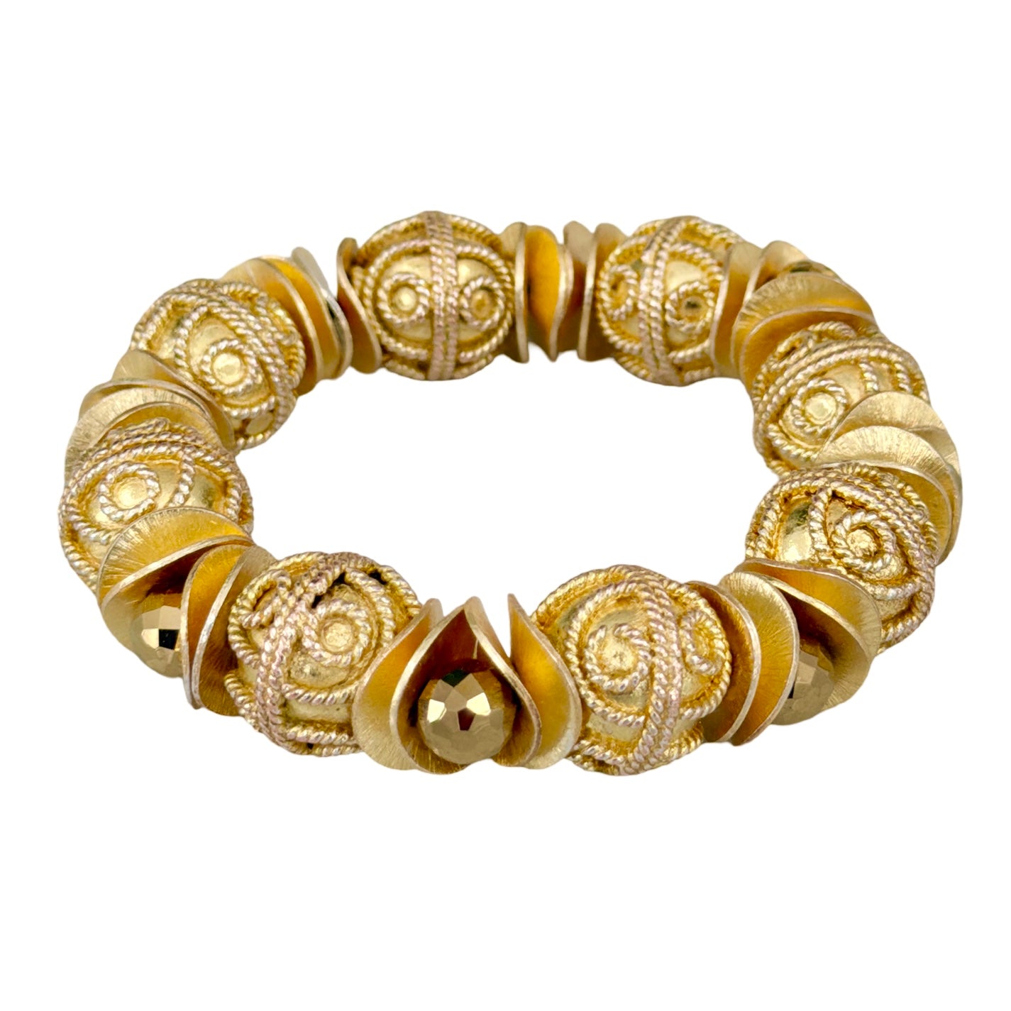 GOLD FILAGREE BANGLE WITH WAVY DISC AND FACETED GOLD BRIOLETTE ACCENTS