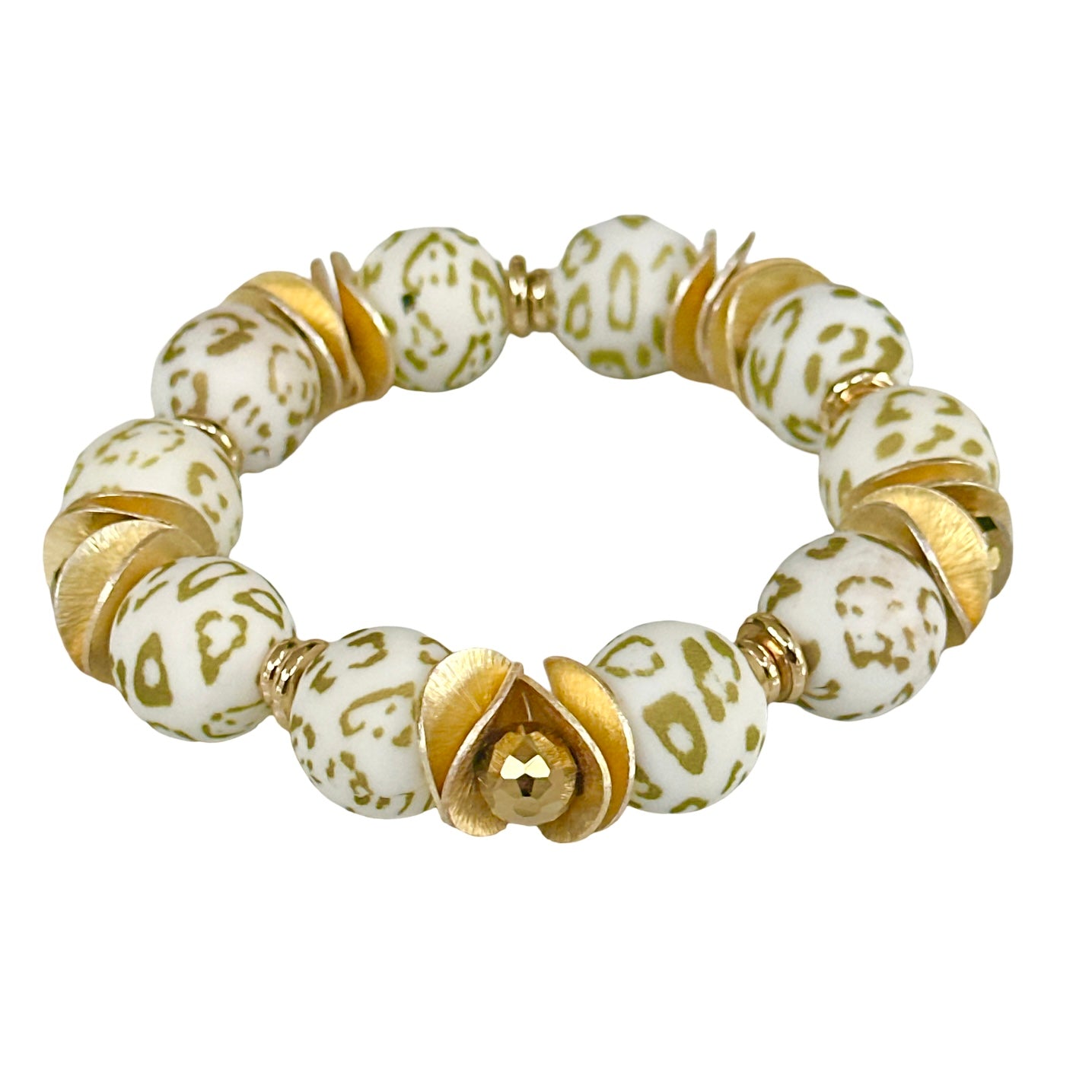 GOLD AND WHITE CHEETAH BANGLE WITH GOLD WAVY DISC AND CRYSTAL ACCENTS