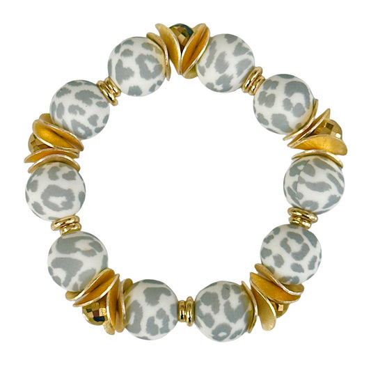GRAY AND WHITE CHEETAH BANGLE WITH GOLD WAVY DISC AND CRYSTAL ACCENTS