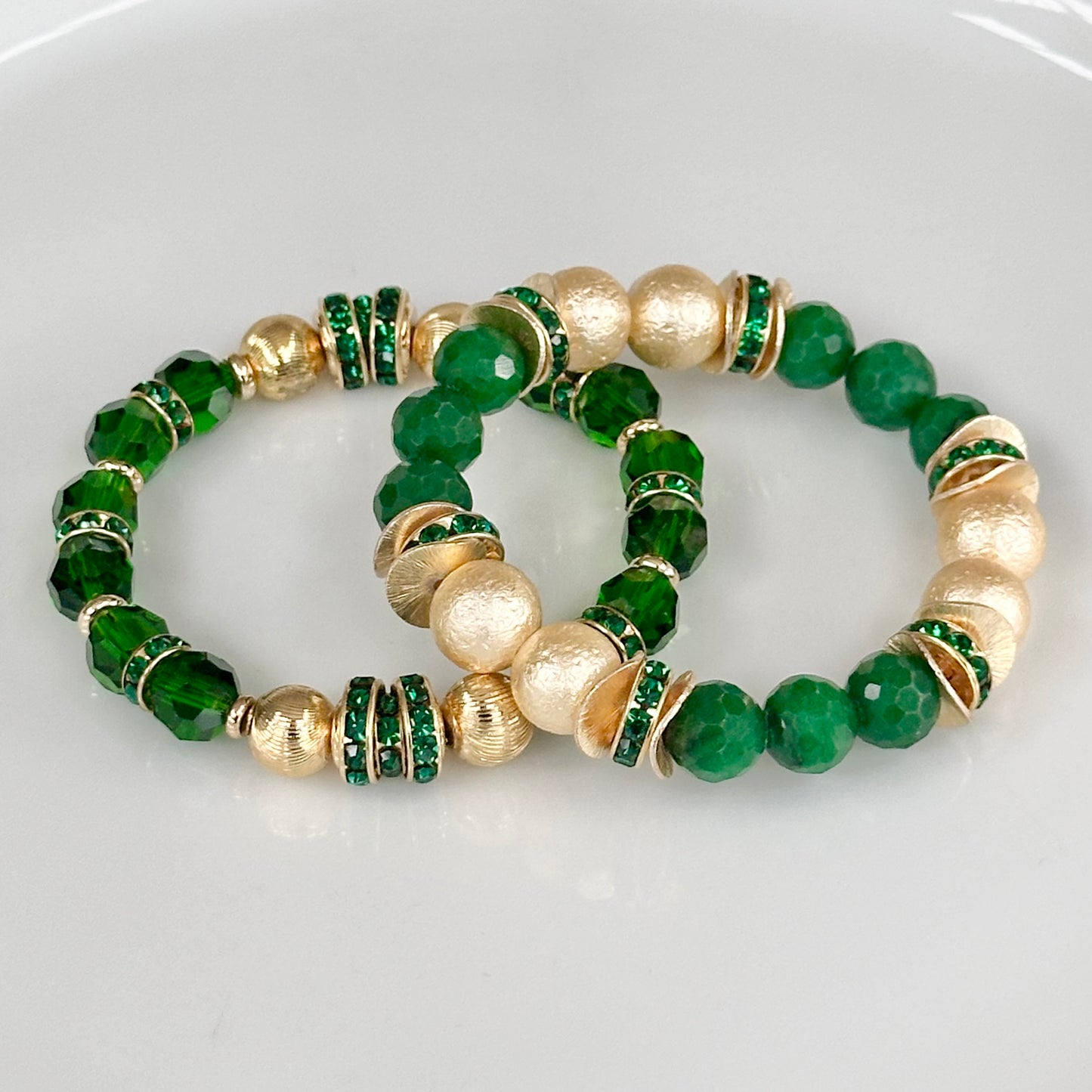 EMERALD FACETED BEADED BANGLE WITH GOLD AND CRYSTAL ACCENTS