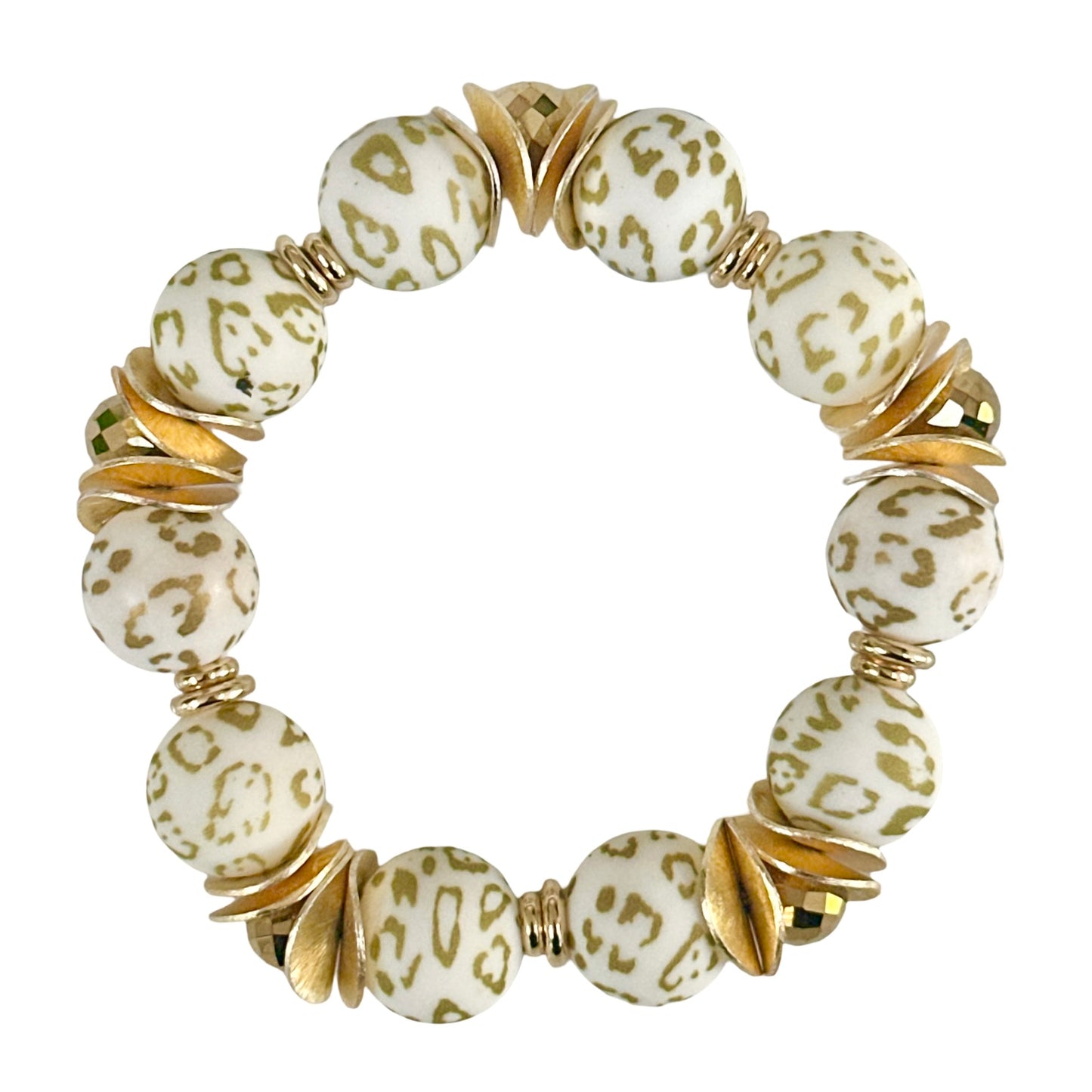 GOLD AND WHITE CHEETAH BANGLE WITH GOLD WAVY DISC AND CRYSTAL ACCENTS