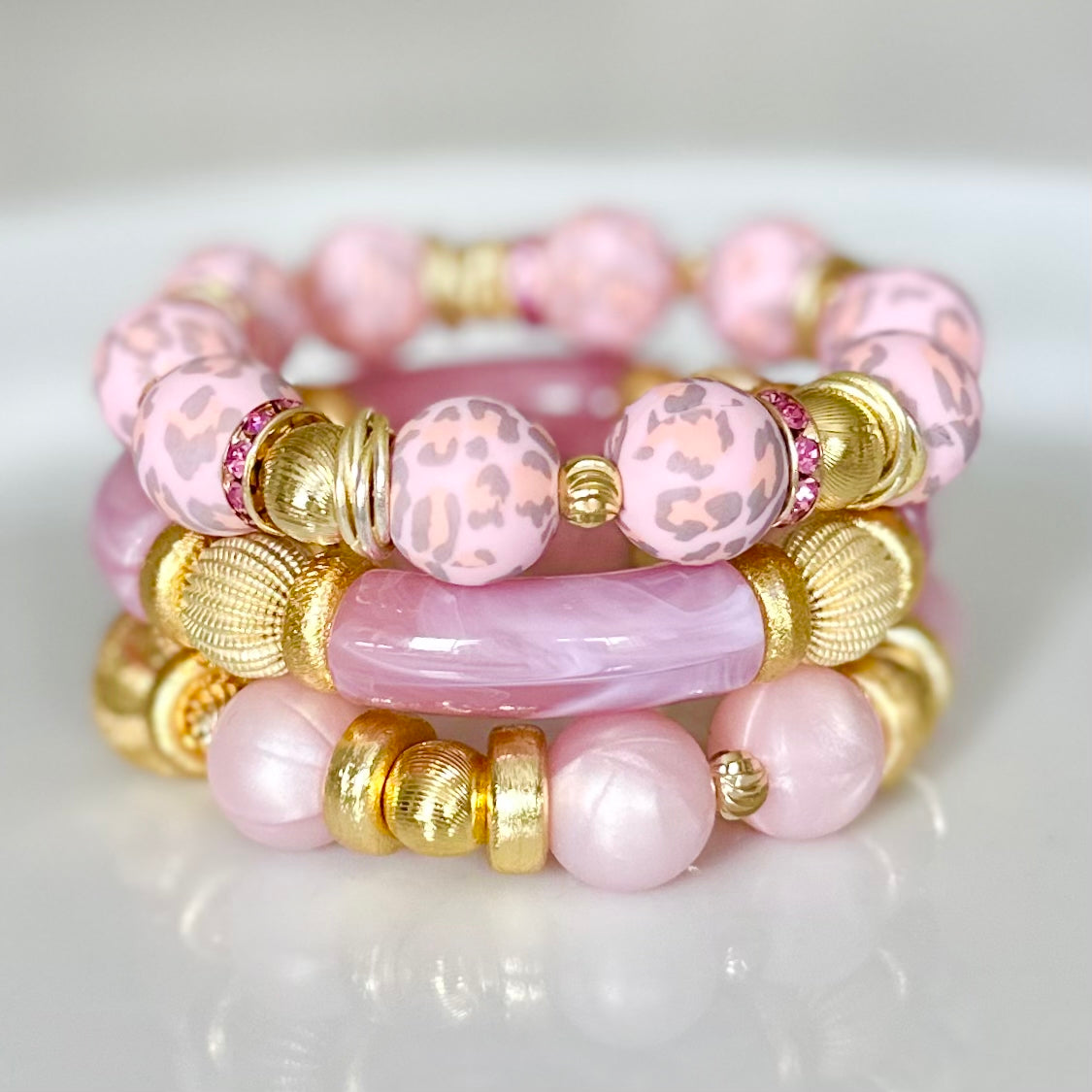 LIGHT PINK MARBLE LINK BRACELET WITH CZ ACCENTS