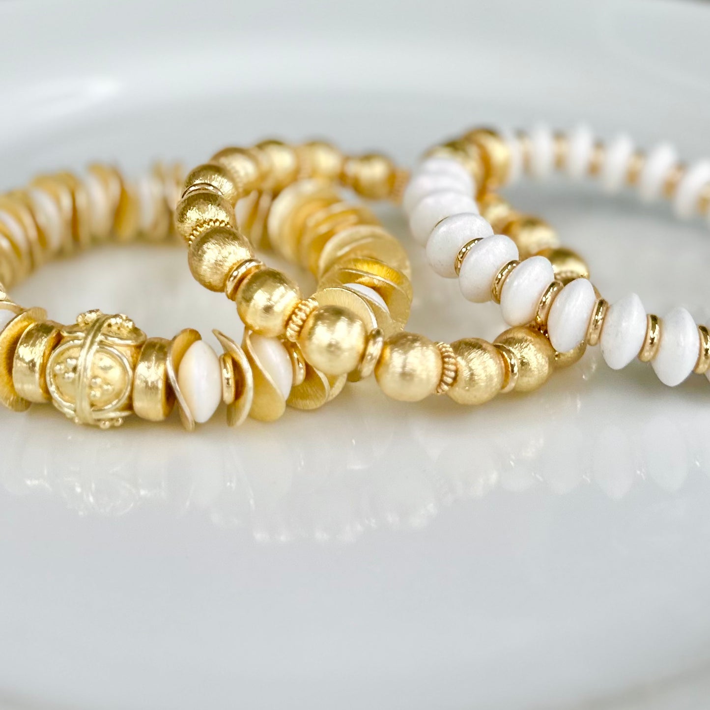 NEW! GOLD WAVY DISC AND WHITE OPALIZED STATEMENT BRACELET