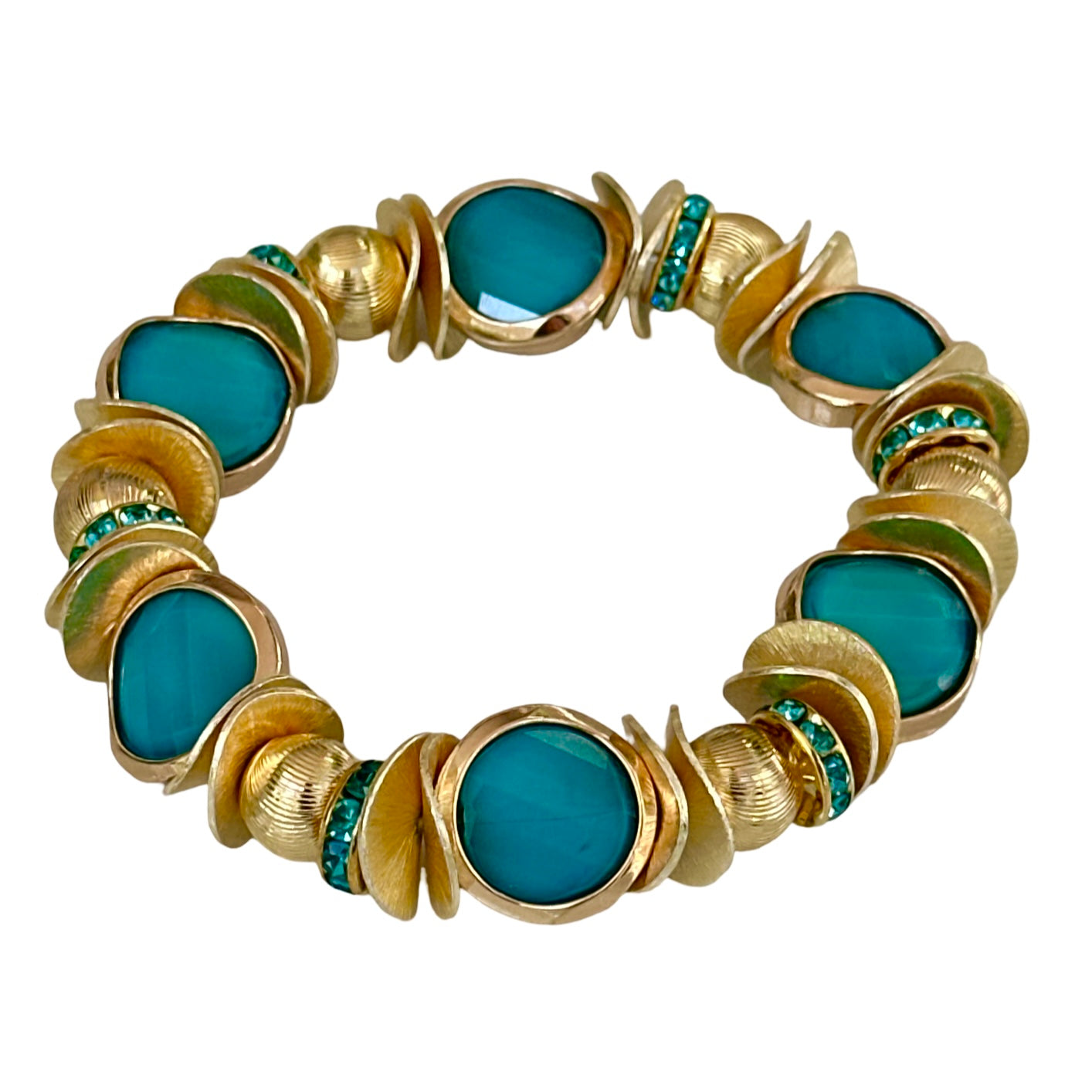 TURQUOISE AND GOLD COIN BANGLE WITH WAVY DISC, GOLD AND CRYSTAL ACCENTS
