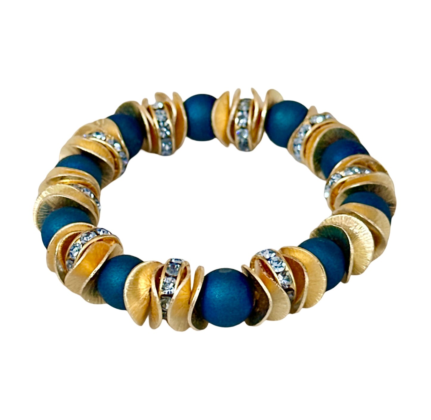BLUE DRUZY AGATE GEMSTONE, GOLD WAVY DISC BANGLE WITH GOLD AND CRYSTAL ACCENTS