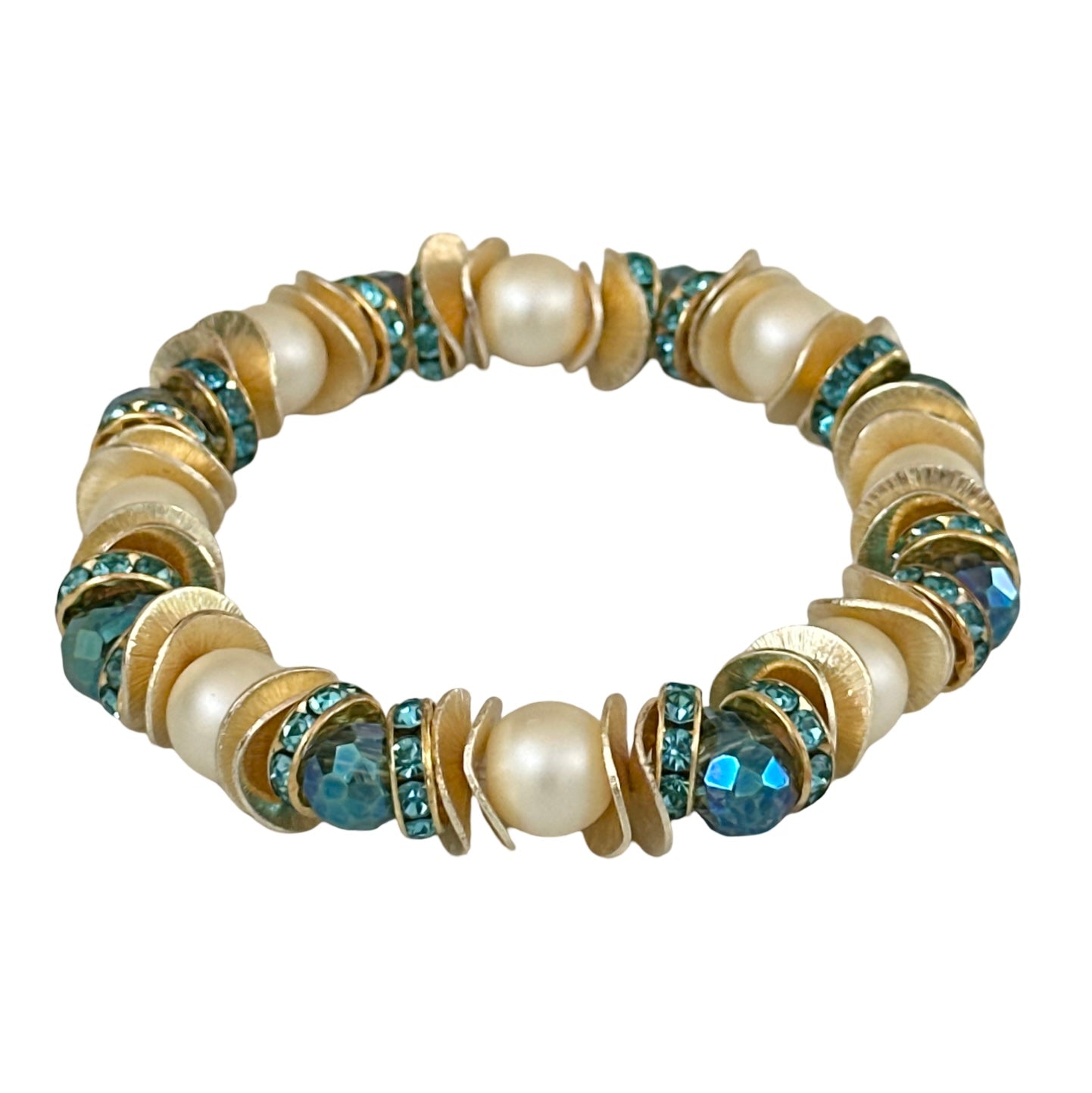 FACETED TEARDROP TURQUOISE BANGLE WITH PEARL, GOLD WAVY DISC, AND CRYSTAL ACCENTS