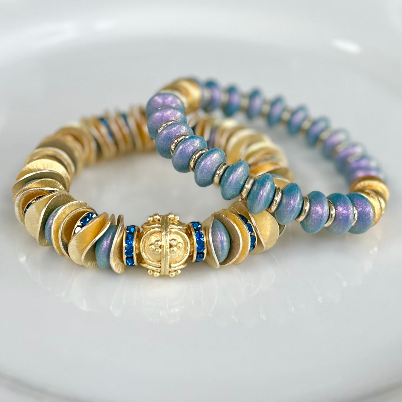 NEW! OPALIZED STEEL BLUE COIL BRACELET WITH GOLD ACCENTS