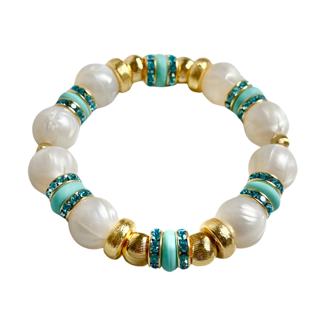 PEARLIZED IVORY BANGLE WITH TURQUOISE AND CZ ACCENTS