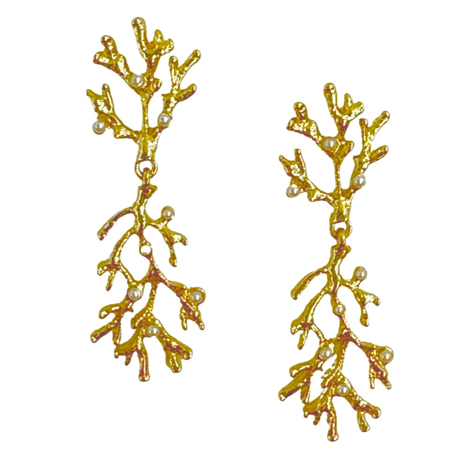 CORAL BRANCH GOLD AND PRARL EARRING