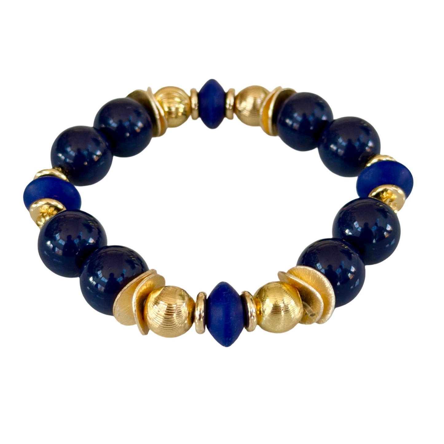 NAVY BLUE BANGLE WITH GOLD WAVY DISC AND NAVY ACCENTS