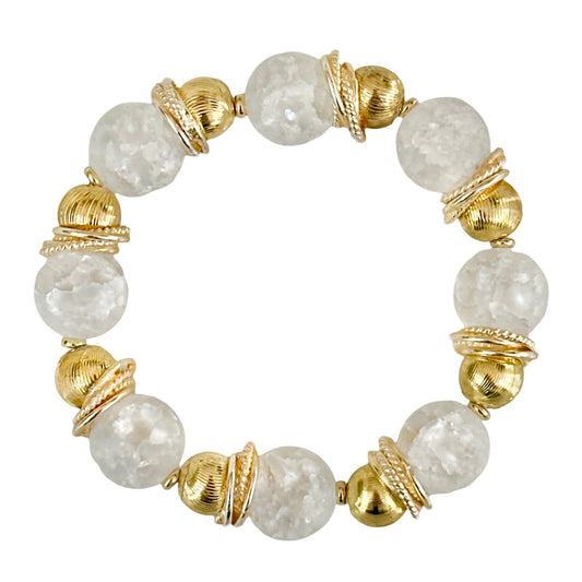WHITE CRACKLE QUARTZ GEMSTONE BANGLE WITH GOLD ACCENTS