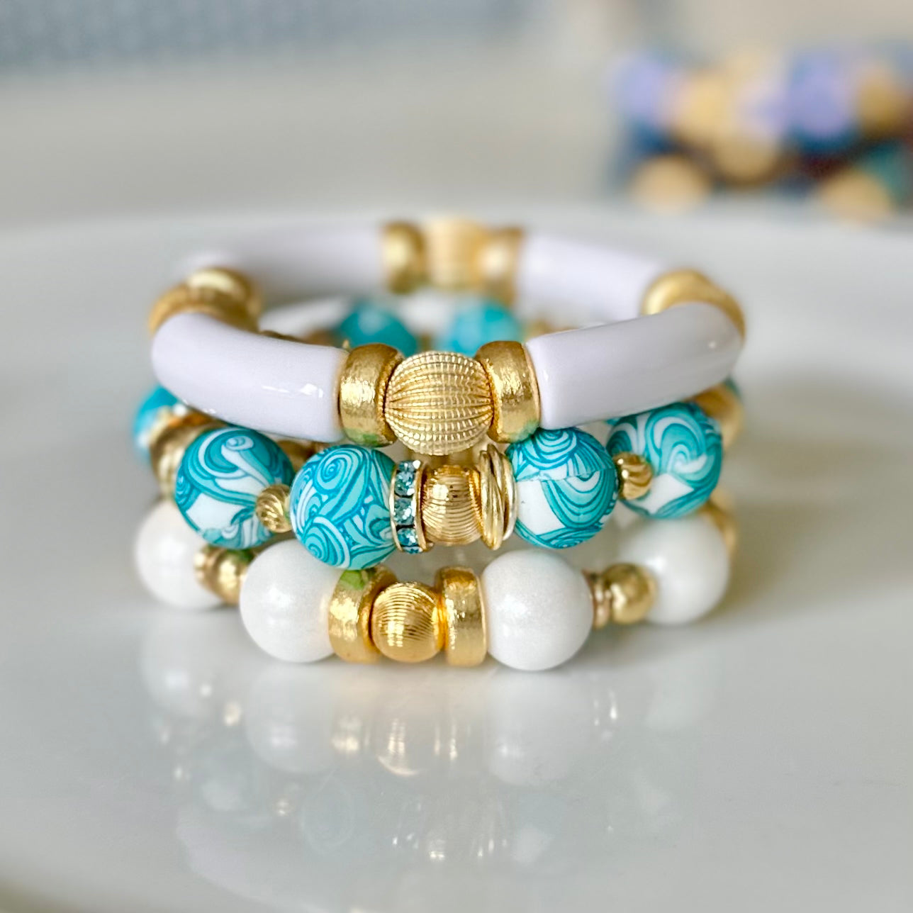 TURQUOISE AND WHITE PAISLEY PATTERN BANGLE WITH  GOLD AND CZ BANGLE