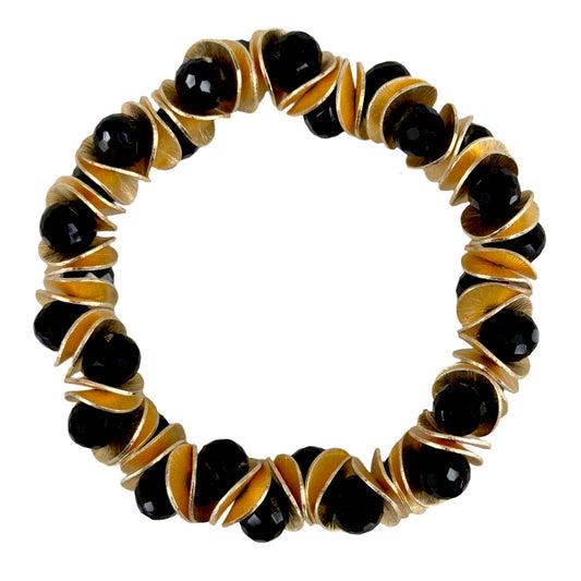 GOLD WAVY DISC AND BLACK FACETED BRIOLETTE BANGLE