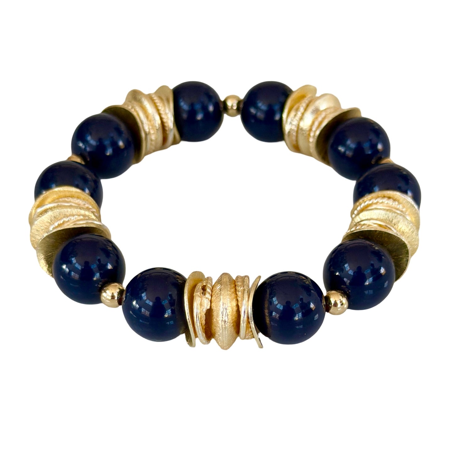 NAVY BLUE BANGLE WITH BRUSHED GOLD WAVY DISC AND GOLD ACCENTS