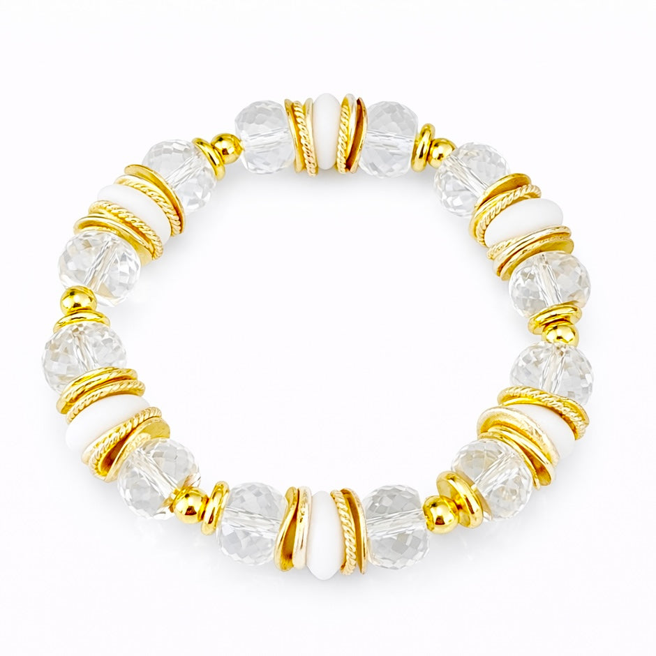 FACETED LUCITE BANGLE WITH GOLD, WAVY DISC AND WHITE ACCENTS