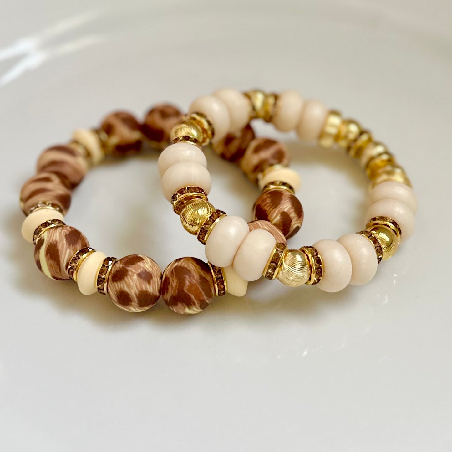 BROWN AND TAUPE CHEETAH BANGLE WITH GOLD AND CZ ACCENTS
