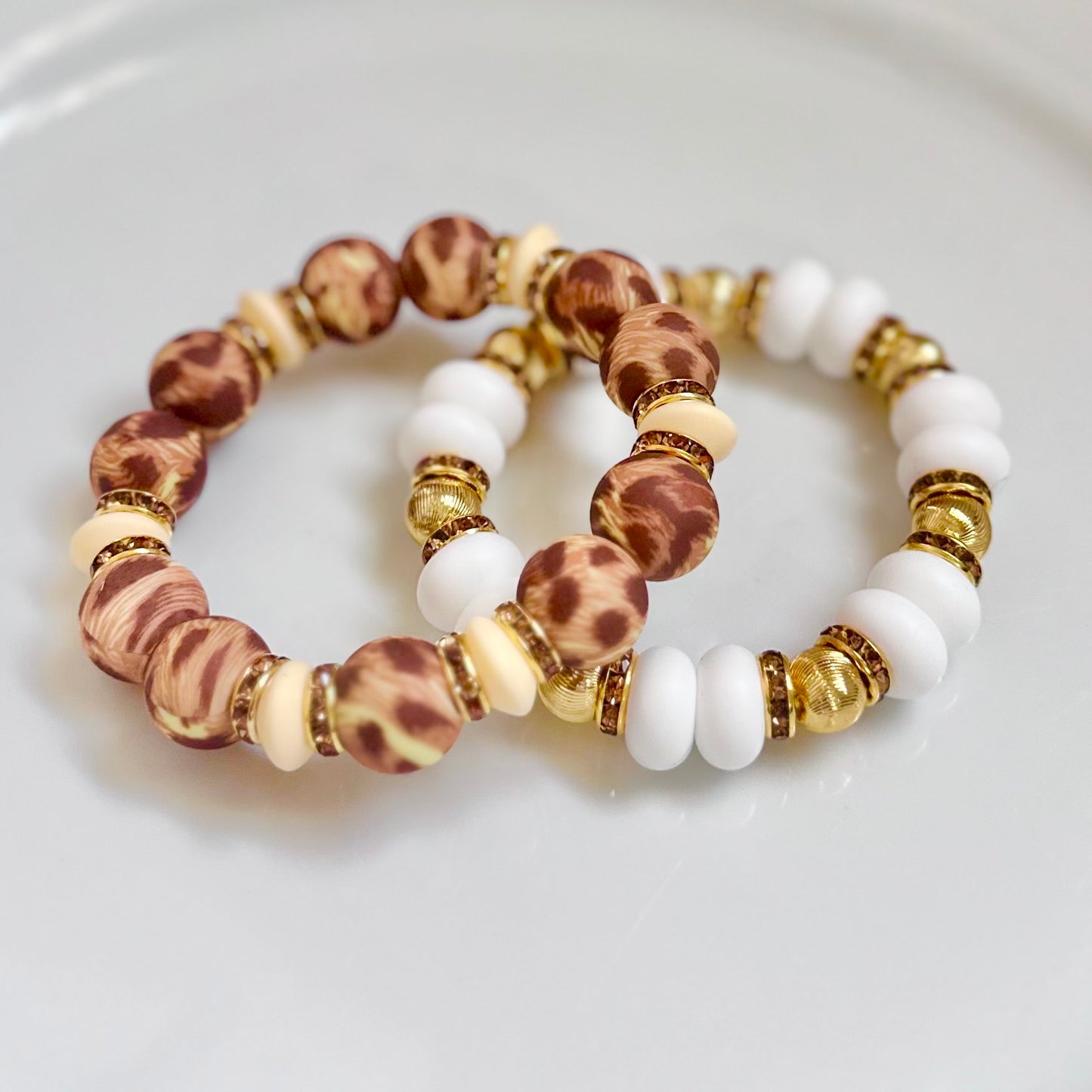 BROWN AND TAUPE CHEETAH BANGLE WITH GOLD AND CZ ACCENTS