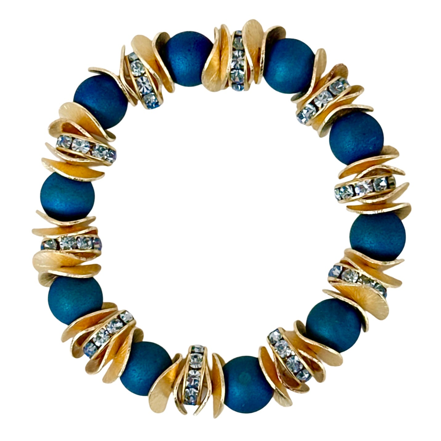 BLUE DRUZY AGATE GEMSTONE, GOLD WAVY DISC BANGLE WITH GOLD AND CRYSTAL ACCENTS