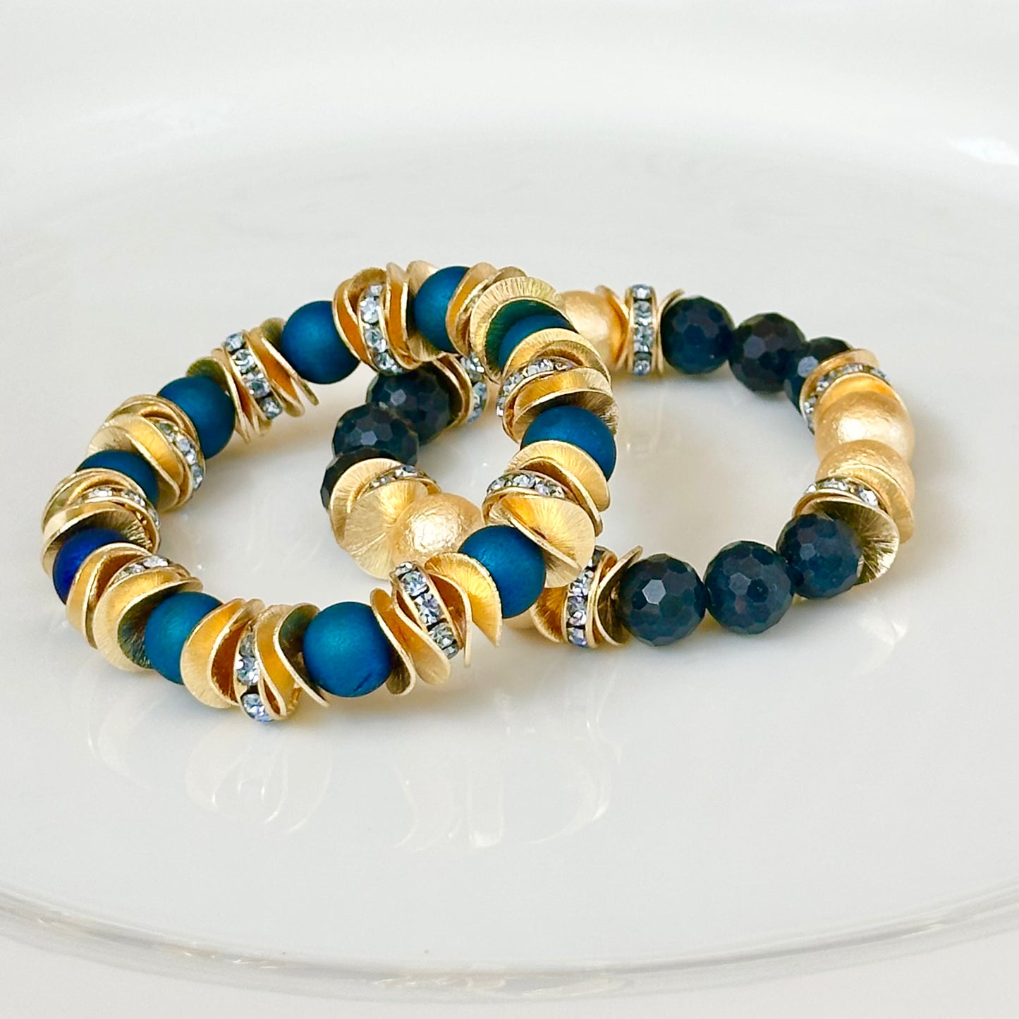 BLUE DRUZY AGATE GEMSTONE, GOLD WAVY DISC BANGLE WITH GOLD AND CRYSTAL ACCENTS