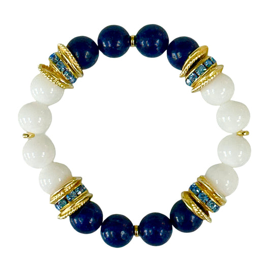 WHITE PORCELAIN AND FACETED SAPHIER AGATE GEMSTONE BANGLE WITH COBALT CRYSTAL ACCENTS