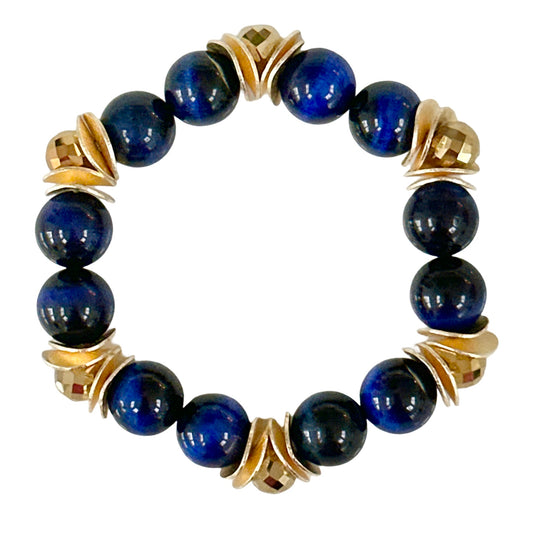 SAPPHIRE TIGERS EYE GEMSTONE BANGLE WITH GOLD WAVY DISC AND CRYSTAL ACCENTS