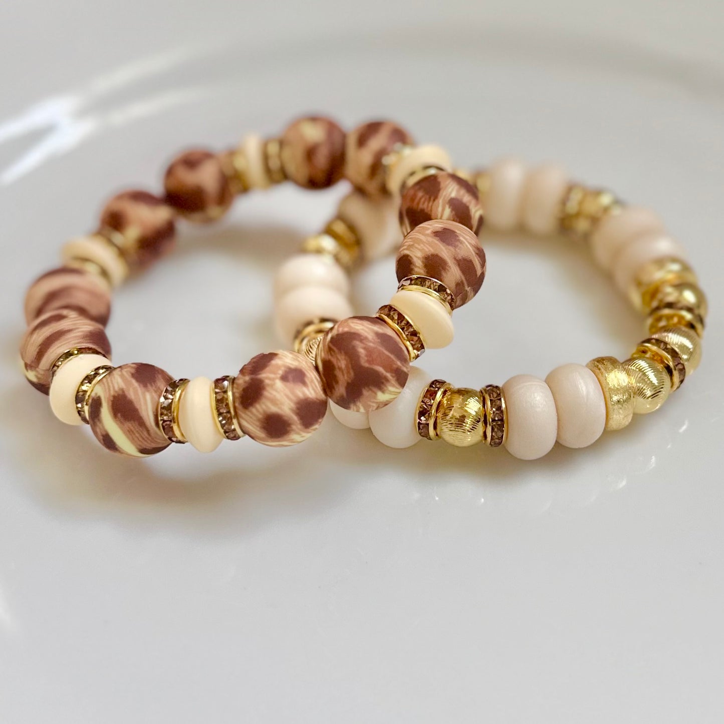 BROWN AND TAUPE CHEETAH BANGLE WITH GOLD AND CZ ACCENTS