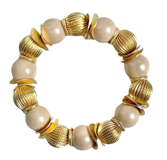 GOLD WAVY DISC, RIBBED GOLD AND OPALIZED TAUPE GRAY STATEMENT BRACELET