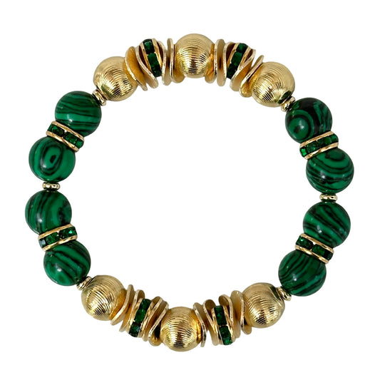 GREEN TIGER EYE GEMSTONE BANGLE WITH GOLD WAVY DISC AND CRYSTAL ACCENTS