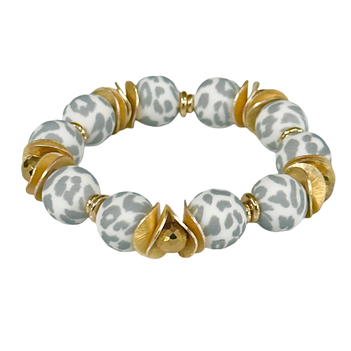 GRAY AND WHITE CHEETAH BANGLE WITH GOLD WAVY DISC AND CRYSTAL ACCENTS