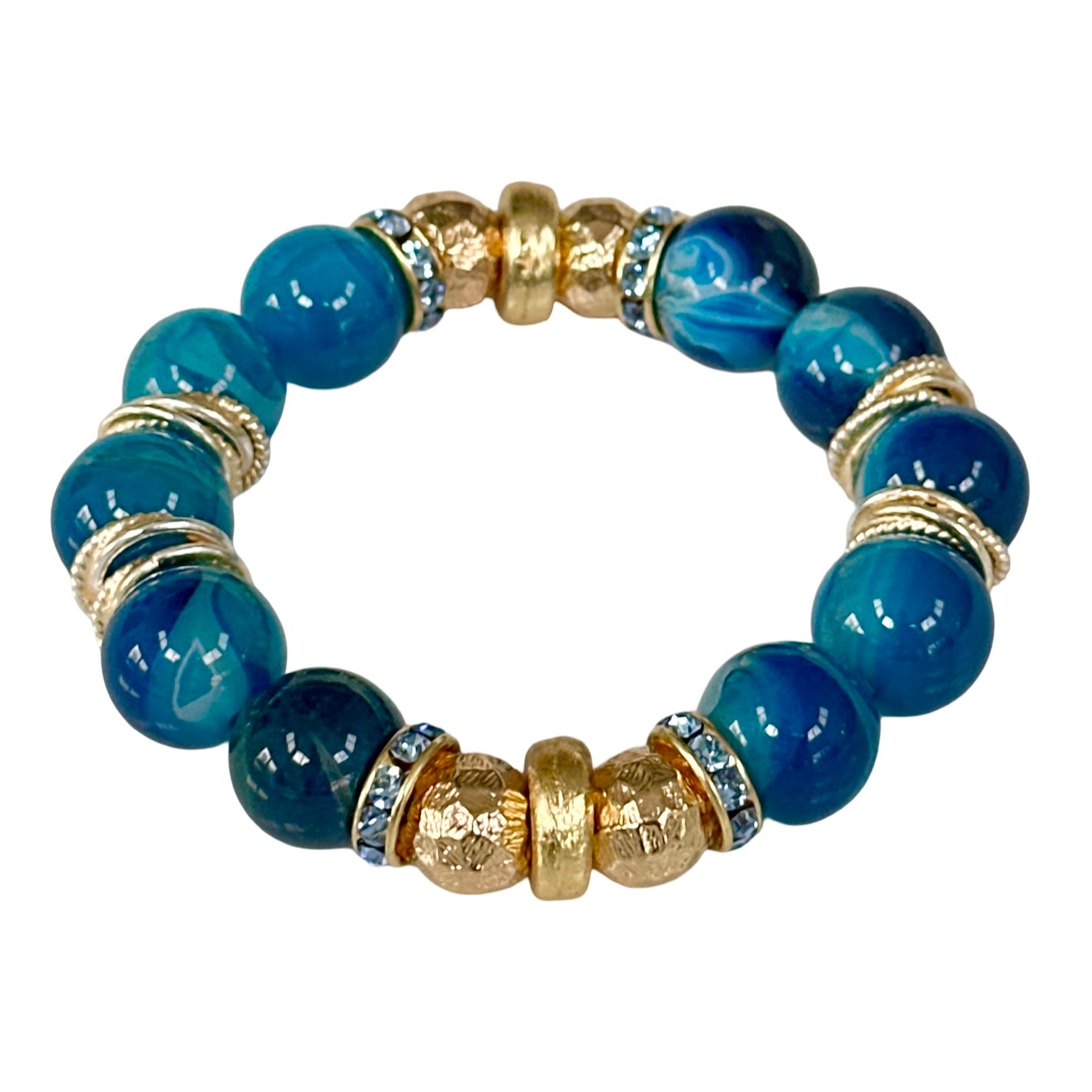 BLUE AGATE GEMSTONE BANGLE WITH GOLD AND CRYSTAL ACCENTS