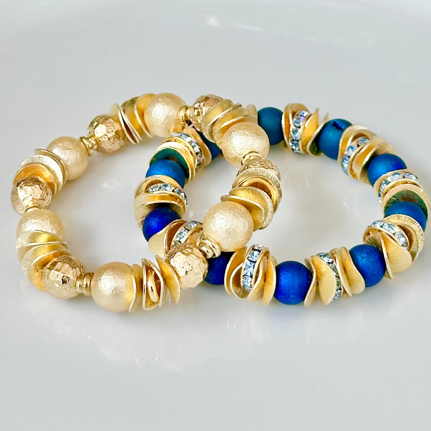 BLUE DRUZY AGATE GEMSTONE, GOLD WAVY DISC BANGLE WITH GOLD AND CRYSTAL ACCENTS