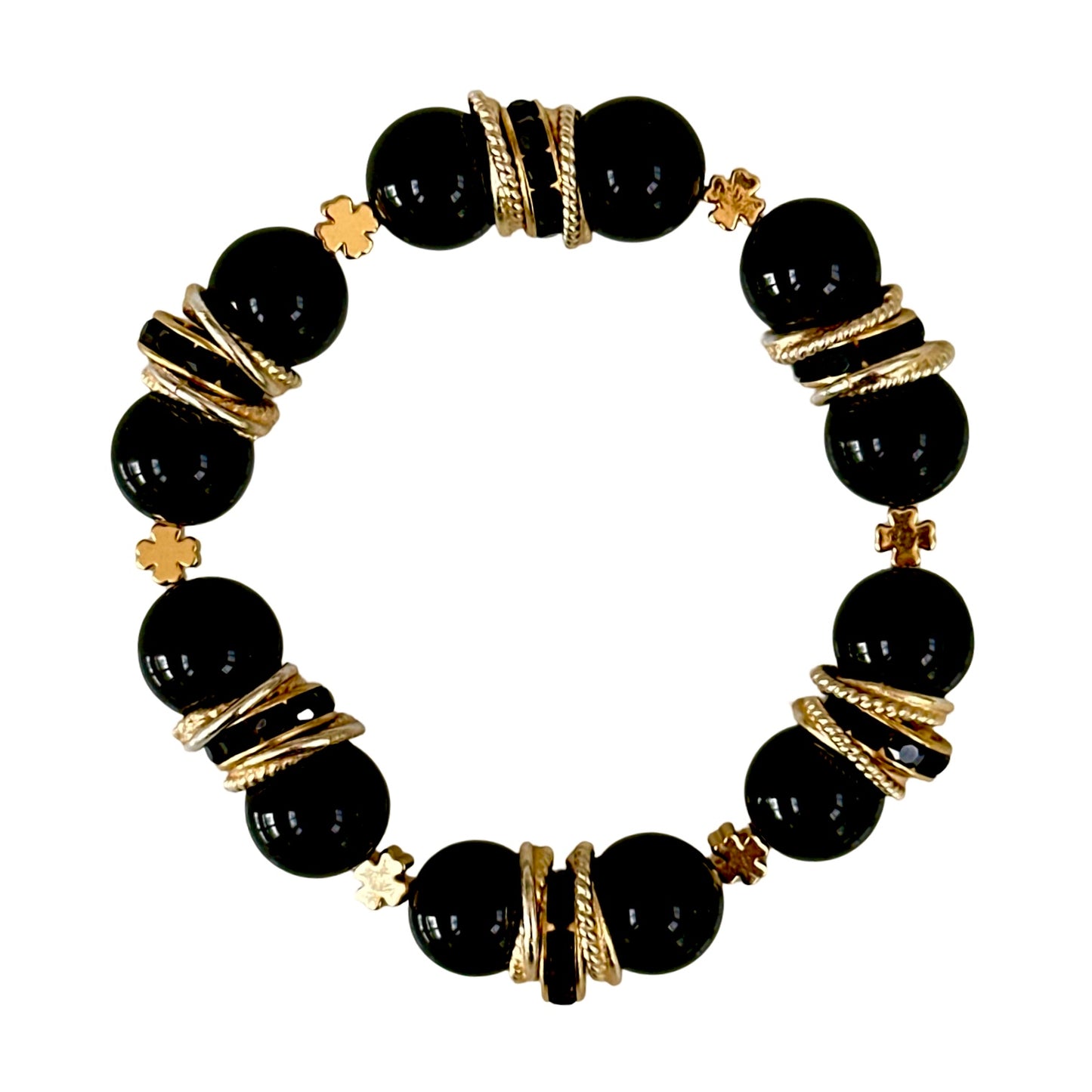 BLACK ONYX GEMSTONE BANGLE WITH GOLD FOUR LEAF CLOVER ACCENTS