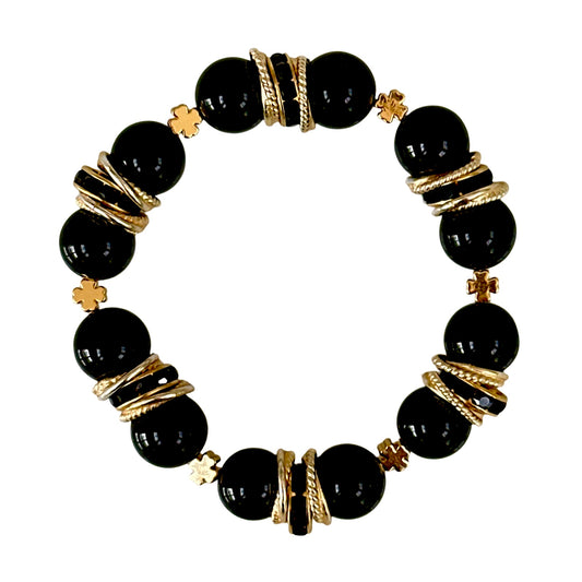 BLACK ONYX GEMSTONE BANGLE WITH GOLD FOUR LEAF CLOVER ACCENTS