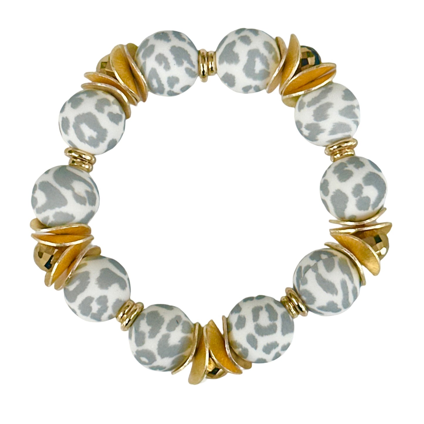 GRAY AND WHITE CHEETAH BANGLE WITH GOLD WAVY DISC AND CRYSTAL ACCENTS
