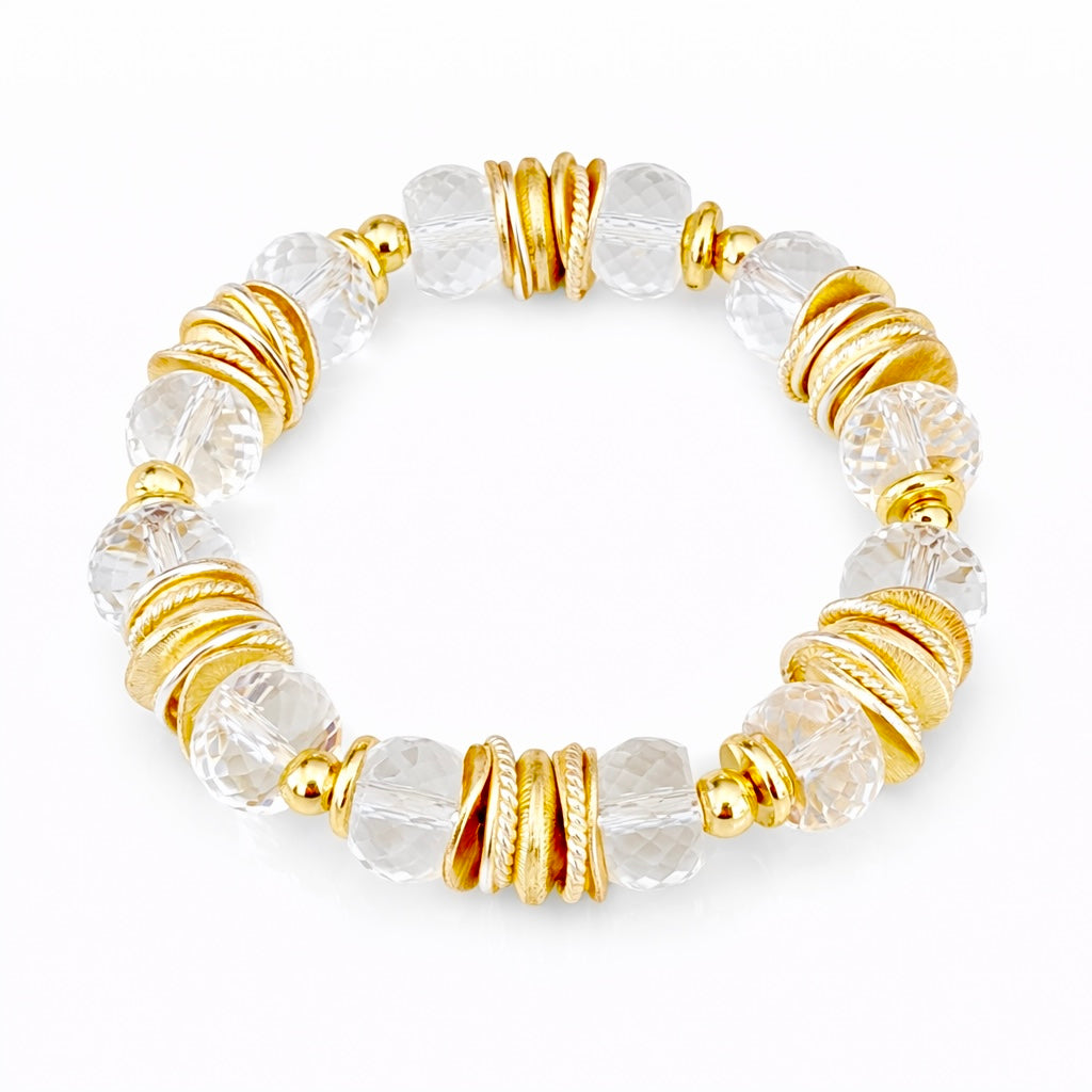 FACETED LUCITE BANGLE WITH GOLD AND WAVY DISC ACCENTS