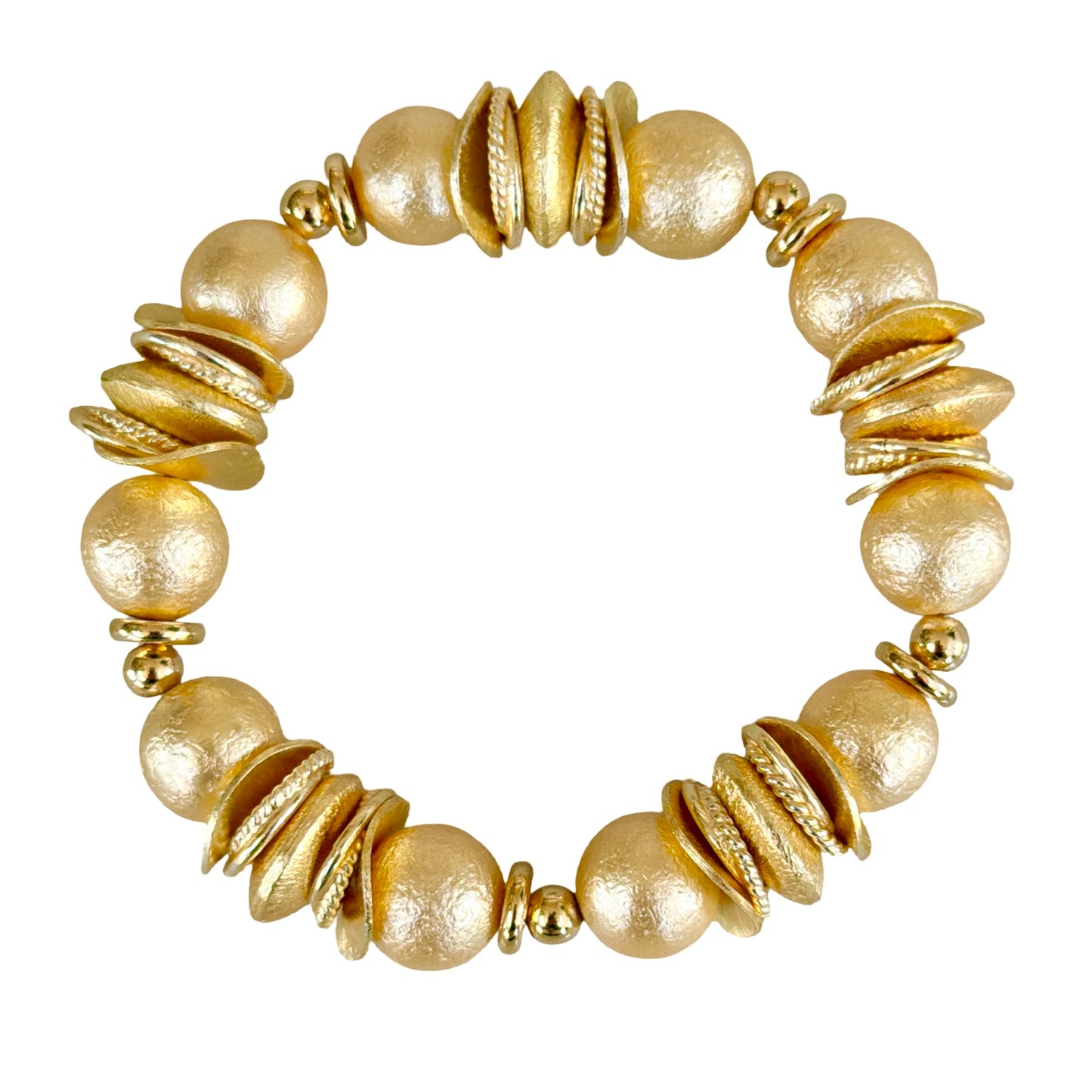 GOLD AND SHELL PEARL BANGLE WITH GOLD WAVY DISC AND GOLD ACCENTS