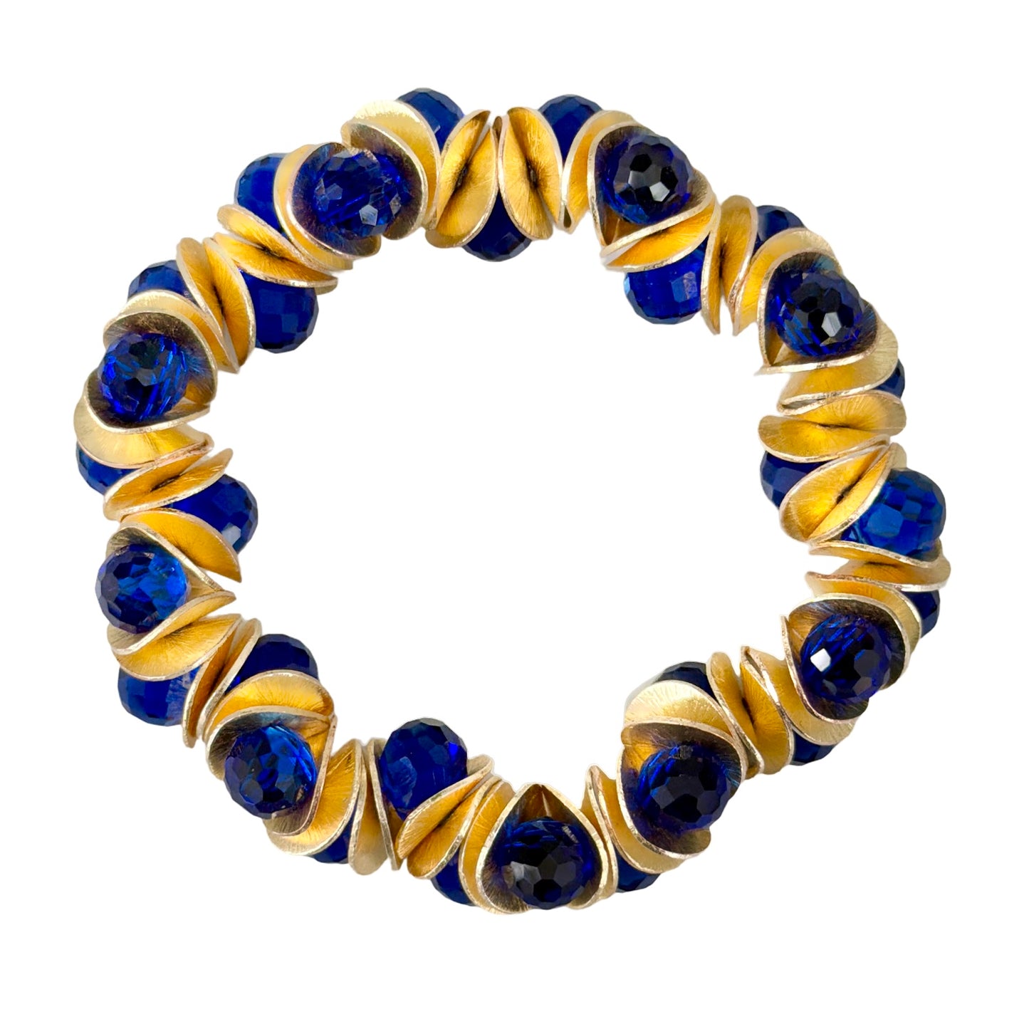 GOLD WAVY DISC AND BLUE FACETED BRIOLETTE BANGLE