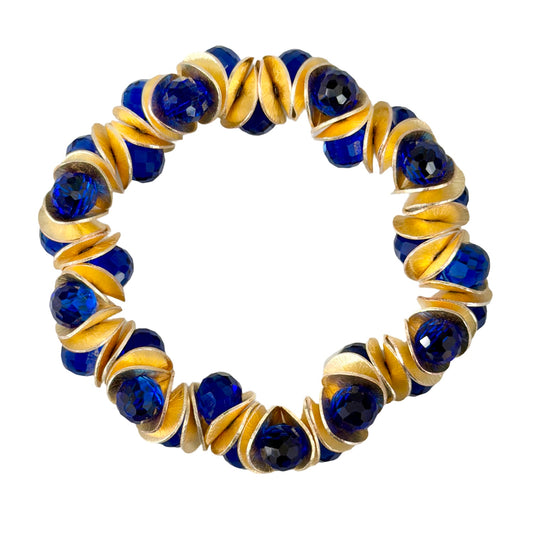 GOLD WAVY DISC AND BLUE FACETED BRIOLETTE BANGLE