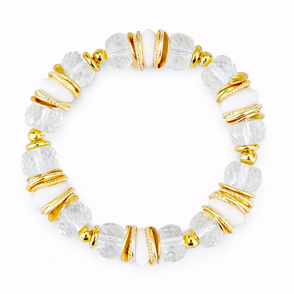 FACETED LUCITE BANGLE WITH GOLD, WAVY DISC AND WHITE ACCENTS