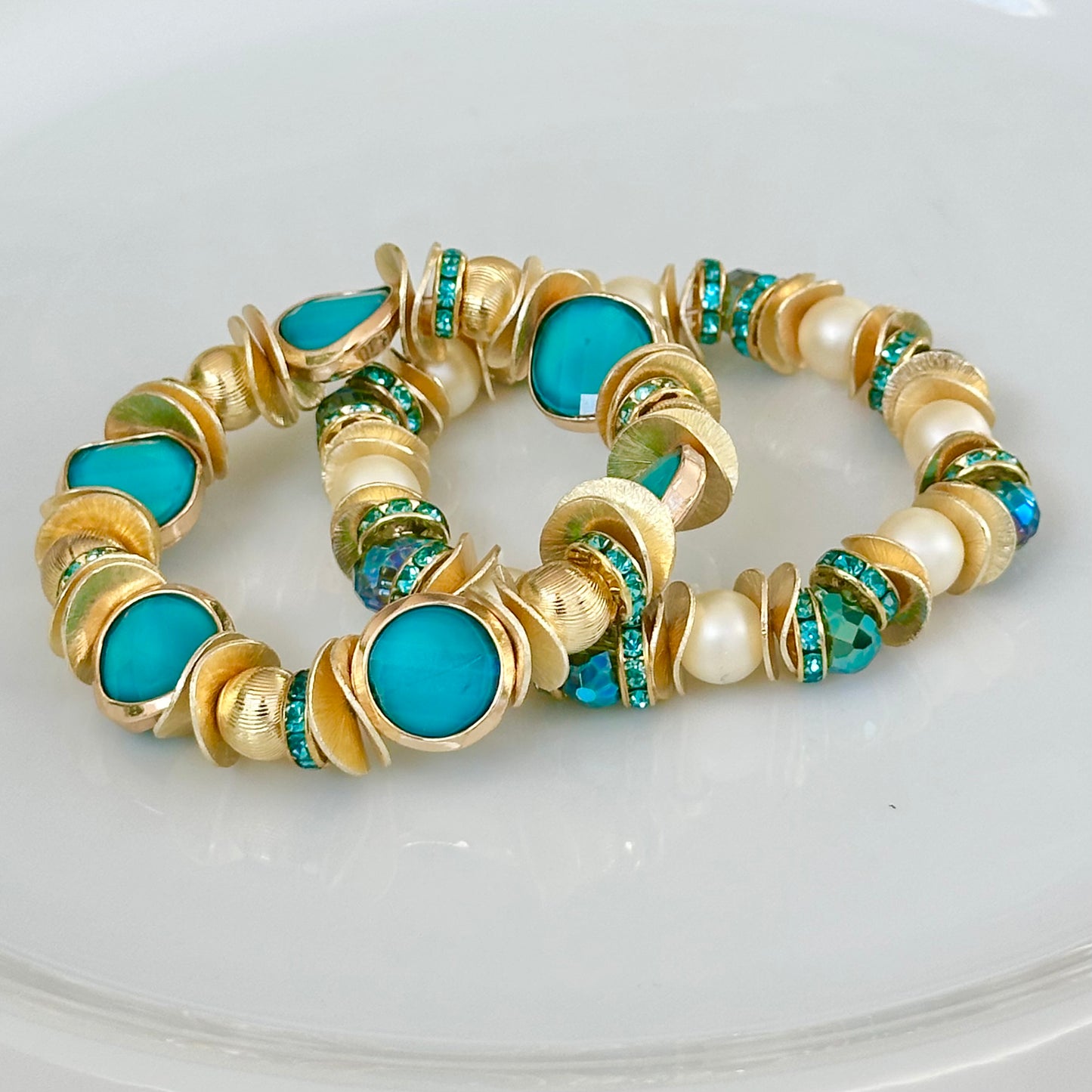 TURQUOISE AND GOLD COIN BANGLE WITH WAVY DISC, GOLD AND CRYSTAL ACCENTS