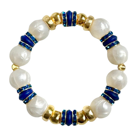 PEARLIZED IVORY BANGLE WITH DARK BLUE AND CZ ACCENTS