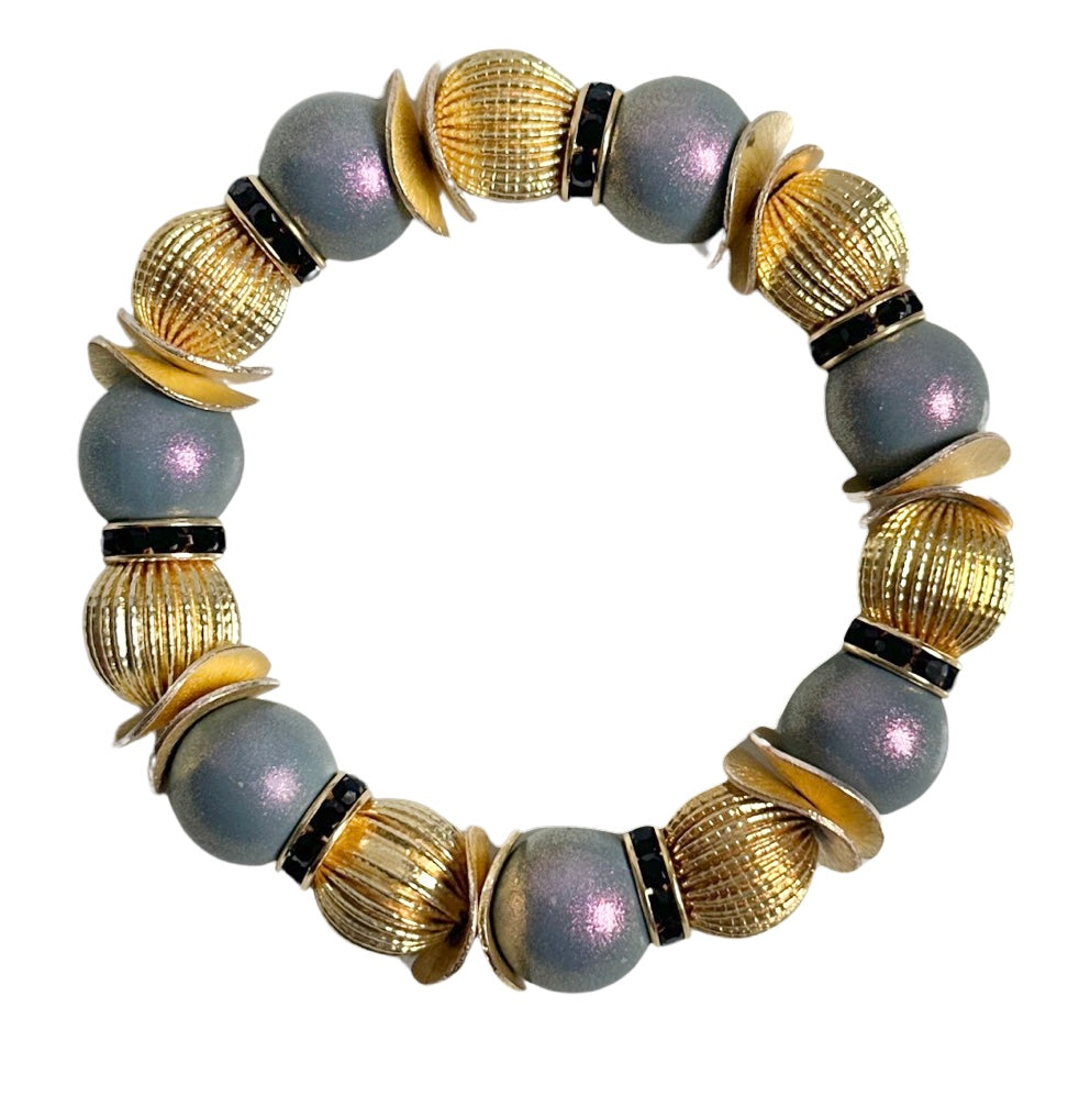 GOLD WAVY DISC, RIBBED GOLD AND OPALIZED GRAY STATEMENT BRACELET