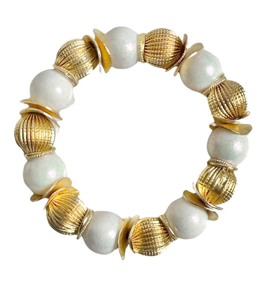 GOLD WAVY DISC, RIBBED GOLD AND OPALUZED WHITE STATEMENT BRACELET