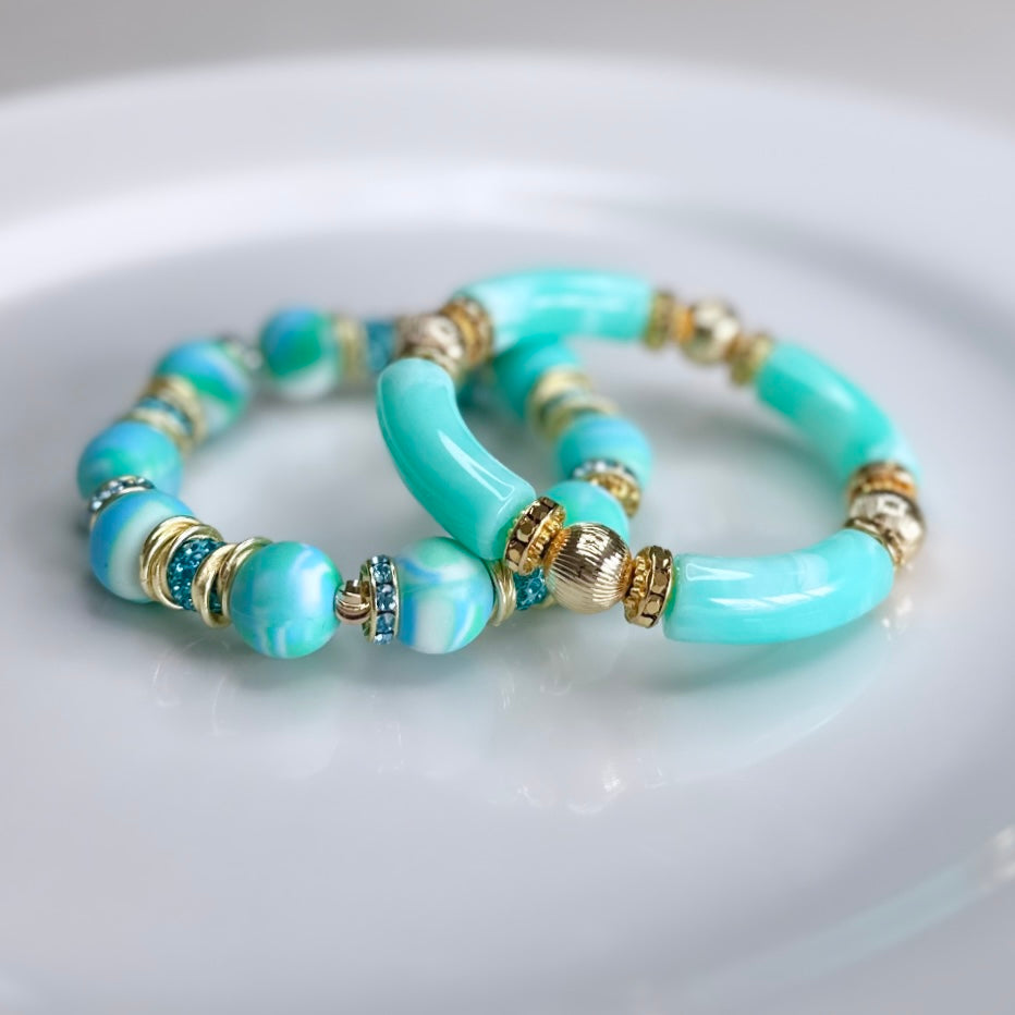 LIGHT TURQUOISE MARBLE LINK BRACELET WITH CZ ACCENTS