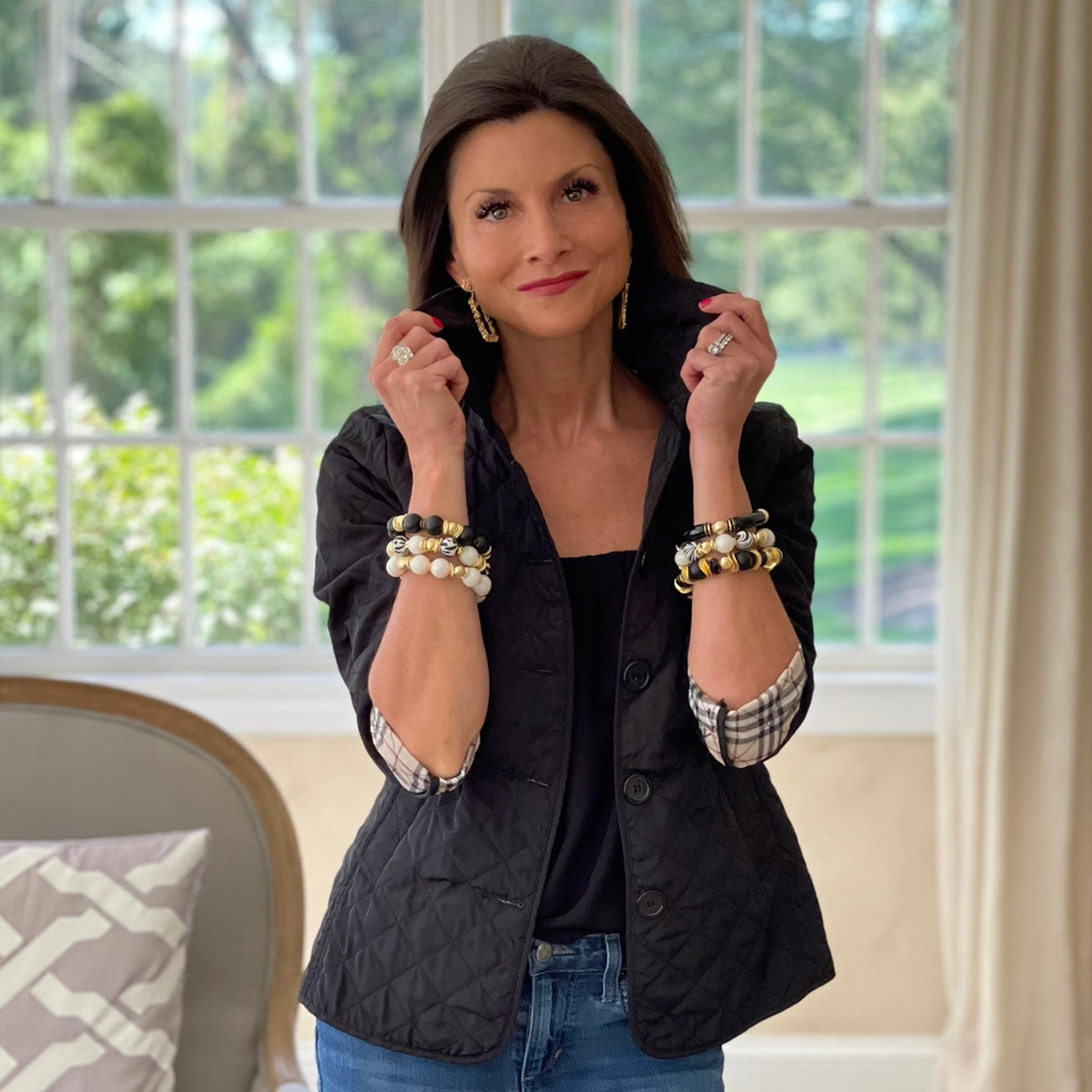 BLACK AND IVORY COW PATTERN BANGLE WITH GOLD ACCENTS