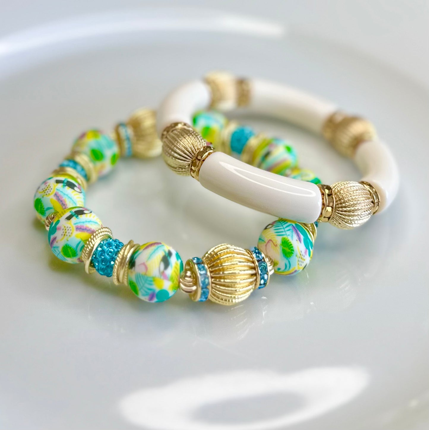 PALM BEACH PARROT PATTERN AND CORRUGATED GOLD BANGLE WITH  GOLD AND CZ BANGLE