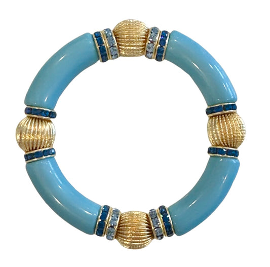 BRIGHT BLUE AND GOLD LINK BRACELET WITH CZ ACCENTS
